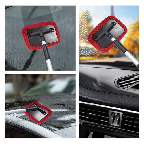Car Windshield Cleaner Tool, Detachable Car Window Cleaner with Aluminum Extendable Handle & 2 Reusable Cloth Pads, Washable Vehicle Windshield Cleaning Wand for Exterior (Red) - color: Red