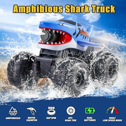 BOBXIN Amphibious Remote Control Car Shark Monster Truck Squirt Water Blue | Waterproof 4WD All-Terrain Off-Road 2.4Ghz RC Boat Car Pool Water Toys for Kids Age 6+ - color: Blue
