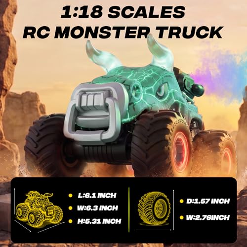 BEZGAR Monster Truck Toys, 1:18 Remote Control Monster Truck with Water Spray & Dancing Spins, 4WD RC Truck for Boys 4-7, RC Cars with 2 Batteries, Toys for 4+ Year Old Boys(Cyan) - color: Cyan