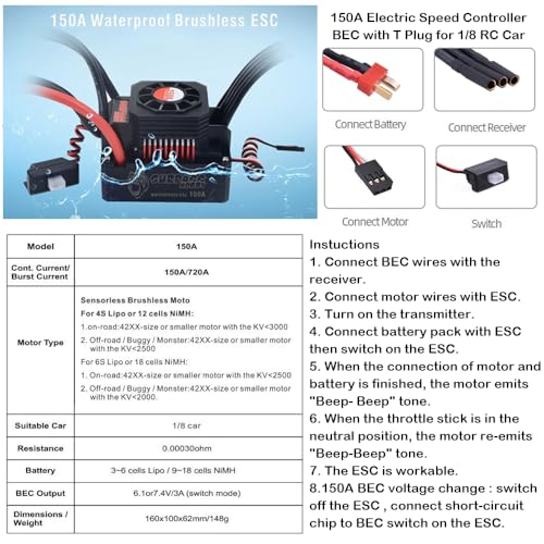 GoolRC 150A Brushless ESC Waterproof Electric Speed Controller for 1/8 RC Truck Off-Road Car