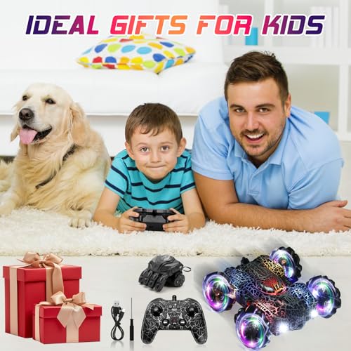 Gesture Sensing RC Stunt Car with LED Light Double Sided RC Cars Spider Toy | 2.4GHz 360 Rotating Hand Controlled Remote Control Car Rechargeable Indoor Outdoor Birthday Gift Boys Ages 4 to 12 - color: Dual Control Black