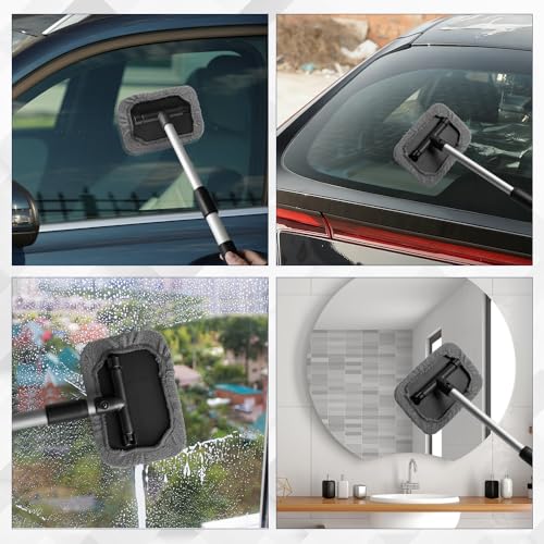 Windshield Cleaning Tool, Car Window Cleaner, Vehicle Window Cleaner with Extendable Handle & 2 Washable Microfiber Pads, Car Interior Glass Wiper Cleaning Kit for Most Vehicles (Grey) - color: Grey