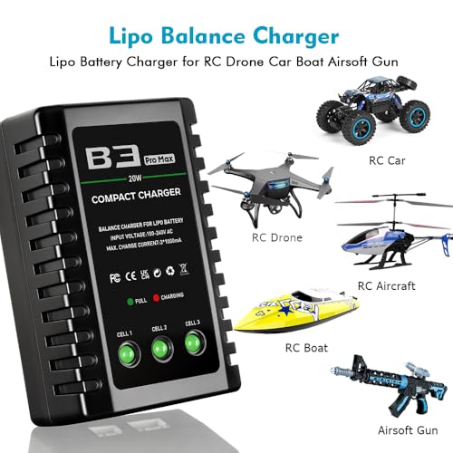 LiPo Battery Charger 2S 3S Balance Charger for 7.4V 11.1V RC Toy & Model | 2-3S Compact Charger for 7.4-11.1V RC LiPo Batteries with Smart Chip, Extend Battery Life - color: White-green
