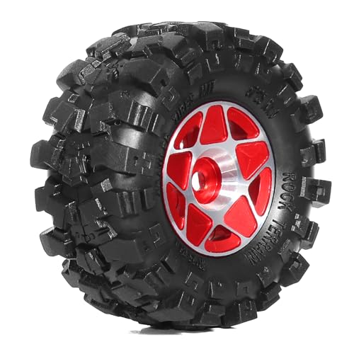 REDSPIDER 1.0 Beadlock Wheels and Tires Set(4pcs) 1.0 Crawler Tires 57 * 25mm Aluminum Alloy 1.0 Wheel 1/18 1/24 RC Crawler Tires for SCX24 TRX4M FMS FCX24 FCX18 AX24 (Red) - color: Red
