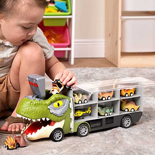 JOYIN 13 in 1 Dinosaur Toys for Kids 3-5, Transport Dinosaur Carrier Truck with 12 Pull Back Cars, Toddler Toys 3-4, Birthday Gifts for 3 4 5+ Year Old Boys - style: Tyrannosaurus Truck