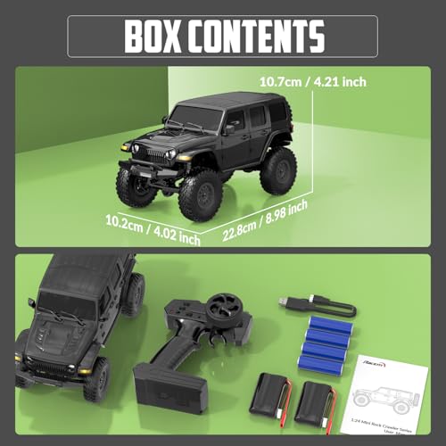 1/24 RC Crawler, 4WD Remote Control Truck for Beginners & Adults | Off-Road Monster Truck, Rock Climbing, LED Light, Waterproof, Hobby Grade, 2 Batteries, Black - color: Black