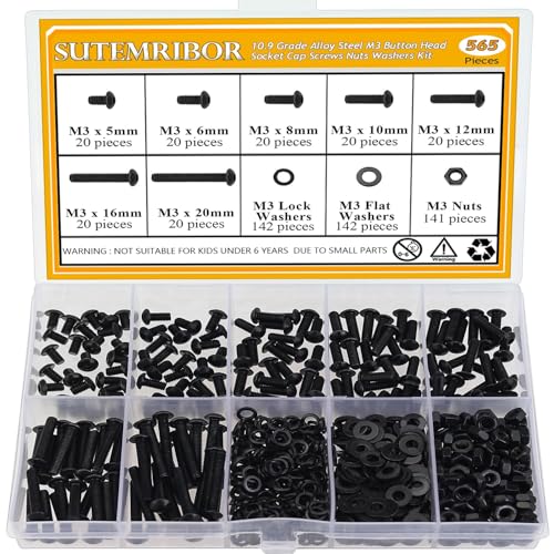565 Pieces M3 Screws Nuts Washers Set Black, Sutemribor M3 x 5/6/8/10/12/16/20mm Button Head Socket Cap Screws Nuts Washers Assortment Kit, 10.9 Grade Alloy Steel, Fully Threaded - size: M3, style: Button Head Socket Cap