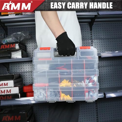 AMM Tool Box, Double Side Tool Box Organizer with 34 Compartments, Removable Dividers, Tackle Box Small Parts Screw Hardware Organizer for Screws, Nuts, Nails and Bolts (2 Piece, Red) - size: 2PC