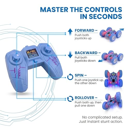 2.4GHz RC Stunt Car with LED Wheels 4WD Double Sided | Glowing LED Tires, 360° Spin & Rollover, 60 Min Total Play with 2 Batteries, USB-C Fast Charging, Gift for Holidays - color: Blue - Led Wheels