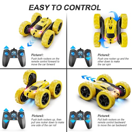 QUNREDA Remote Control Car,RC Car Toys for 6-12 Year Old Boys, Off Road RC Stunt Car 4WD 360° Rotating Remote Control Car for Kids, Boys Girls Gifts for Birthday, Christmas Yellow - color: Yellow