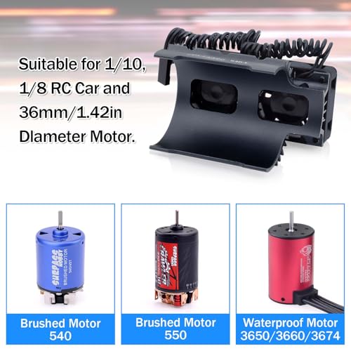 Surpass Hobby RC Motor Cooling Fan 30mm Twin Fans with Metal Heatsink for 1/8 1/10 RC Car 3650 3660 540 550 Brushless Motor (Black) - style: Black-Dual Fan for 36mm motor