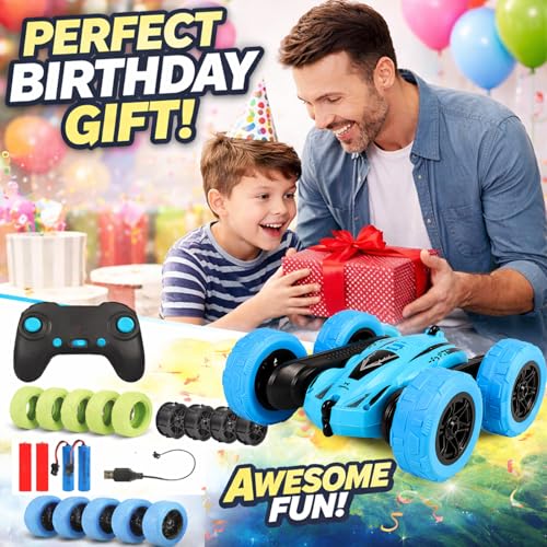 Remote Control Car for Kids, 360° Rotating Stunt Car, Double-Sided Driving, 2.4GHz RC Car with LED Headlights, Rechargeable All Terrain Toy, Extra 4 Green Wheels, Gift for Boys Girls Ages 4-8 6-12 - color: Blue+extra 4 Green Wheels