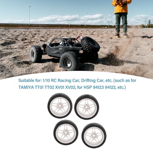 4pcs RC Tires Wheels Rims Set, 1/10 Scale Rubber Tires with 12mm Hex Hub, 26mm Wide Smooth Drift Tires for RC Racing and Drifting Cars Compatible with TT01 HSP (White) - color: White