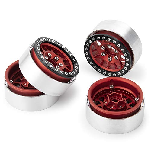MOHERO Aluminum 1.9'' Alloy Beadlock Wheel Rims for 1/10 RC Axial SCX10 SCX10-II SCX10-III TRX4 CC01 D90 TRX4 Crawler Car Pack of 4 (Red+Black) - color: Red+black