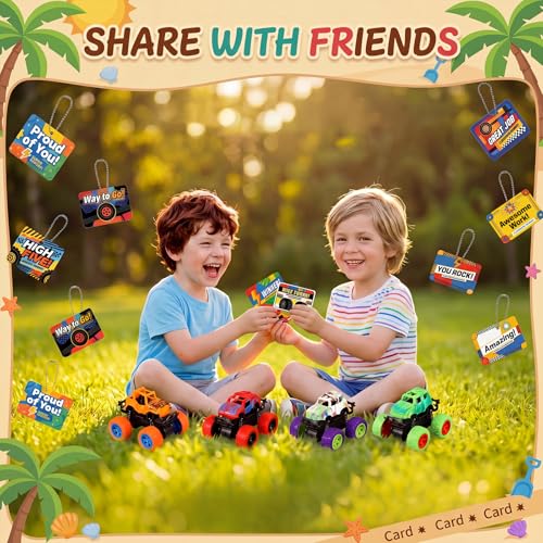 Skylety 12 Set Monster Truck Friction Powered Off-road Vehicle Set with Motivational Reward Cards Metal Chains Summer Incentive Gifts for End of the Year Early Learners Achievement Prizes Group