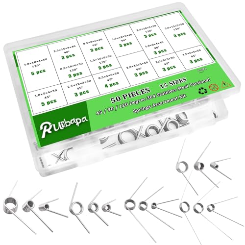 50Pcs Torsional Springs Assortment Kit 15 Sizes 304 Stainless Steel,45/90/120 Degree for Home Repairs & DIY Springs Assortment