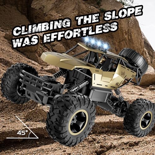 RC Off Road Truck with Durable Metal Body, 1:12 Remote Control Monster Truck, LED Headlights All-Terrain Monster RC Car, Birthday for Kids Boys 8-12 - color: Gold