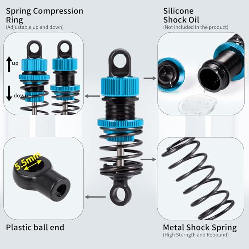 4Pcs JGGZONE 1:10 52mm RC Oil Filled Shock Absorbers Assembled Kit Compatible with Tamiya TT-01 TT-02 M03 M04 M05 M06 1:10 On Road Car Upgrades Replace Parts (Blue, 52MM) - color: Blue, size: 52MM