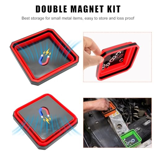 Yourkar 2 PCS Collapsible Magnetic Parts Tray, 4.5 Inch Foldable Magnetic Square Silicone Tray, Tool Tray Set with Double-Sided Magnetic Base for Screw Bolts Nuts Pins, Car Accessories (Green+Red) - color: Green+Red, 2 PCS
