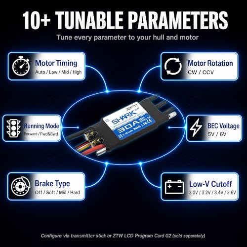 ZTW Shark G2 30A ESC 2-4S Built-in Swithcing BEC 5V/6V 4A Water-Cooling Bidirectional Waterproof Brushless Speed Controller for RC Boat Marine - size: 30A