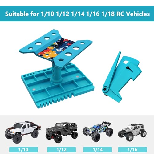 360 Degree Rotation RC Car Work Stand Lift Lower Repair Workstation with RC Car Ride Height Gauge for 1/10 1/12 1/14 1/16 Crawler Remote Control Car Truck Buggy, Blue - color: Blue