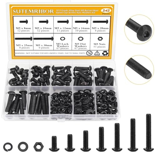 242 Pieces M5 Screws Nuts Washers Set Black, Sutemribor M5 x 8/10/12/16/20/25/30mm Button Head Socket Cap Screws Nuts Washers Assortment Kit, 10.9 Grade Alloy Steel, Fully Threaded - size: M5 x 8-30mm, style: Button Head