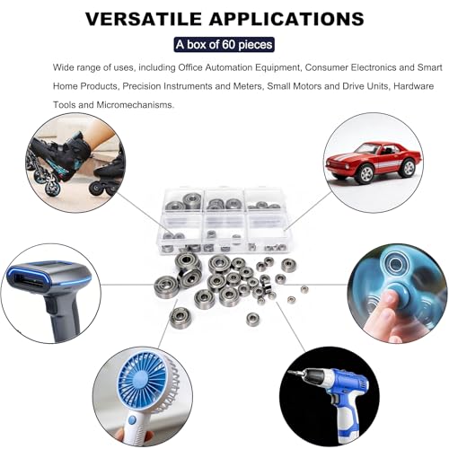 60 Pcs 6-Size 625ZZ 624ZZ 623ZZ 693ZZ 683ZZ 682ZZ Deep Groove Ball Bearings Kit, Miniature Bearings Assortment for Skateboards, Consumer Electronics - Double Shielded