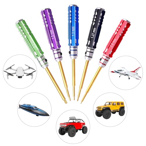 5Pcs Mini 0.9mm 1.27mm 1.3mm 1.5mm 2.0mm Hex Screw Driver Set Titanium Hexagon Screwdriver & 4-way Wrench Tool Kit for Axial SCX24 1/18 1/24 1/28 RC Crawler Truck
