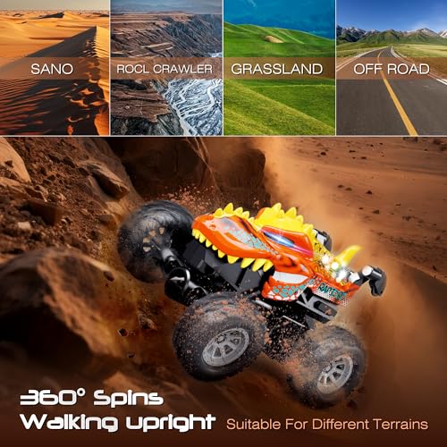 MOONTOY Dinosaur Remote Control Car, Mini Remote Control Truck with 360° Spins, 2.4GHz Rc Car with Lights and Rechargeable Batteries, Metal Body Monster Truck Toys for Kids and Adults(Yellow)