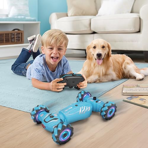 Dysaim Gesture Sensing RC Stunt Car, Cool Birthday Gifts for Boys Ages 6-12 Toys, 4WD Remote Control Car 360° Rotate Transform Drift RC Cars with Lights Music Sprayer, 2.4Ghz Hand Controlled - color: Sky Blue