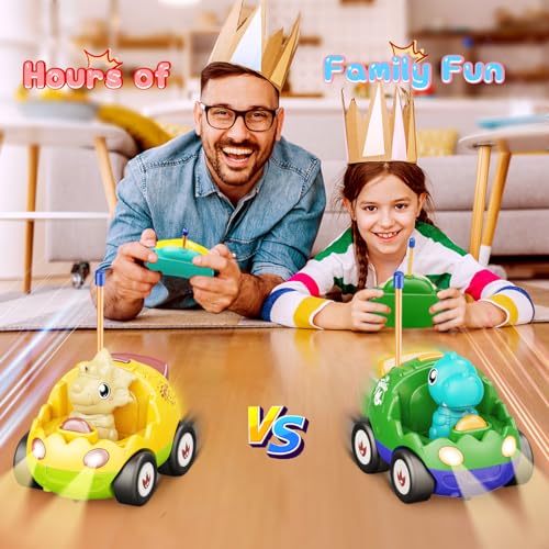 Kidz do 2 Pack Dinosaur Remote Control Cars for Toddlers 2 3 4 5 Years Old - Easter Birthday Gift Ideas for Boys Ages 2-5, Kids Dino Toys RC Vehicle with Lights and Music for Family Fun(Yellow Green) - color: Green&yellow