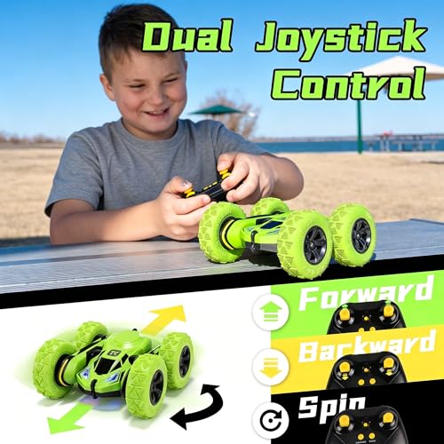 Threeking Remote Control Flip Stunt Car Double Sided Driving Toys Gifts | Durable RC Cars with Breathing Soft Lights for Boys Girls Ages 6-12 - color: Green
