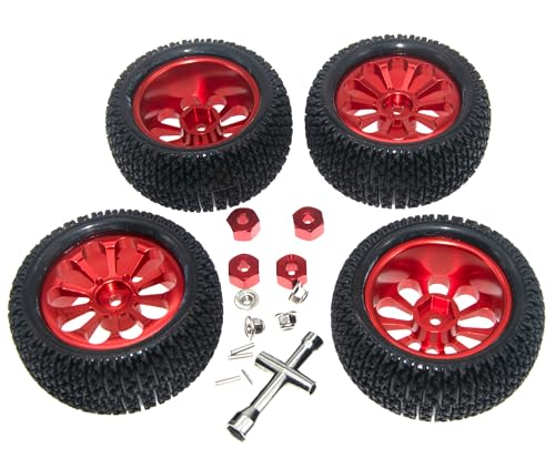Wheel Rim Tire Compatible with 1/14 1/16 MJX Hyper Go Wltoys Upgrade 16207 16208 14210 Rc Car Aluminum Alloy 12mm Hex Adapter Part(Red) - color: Red