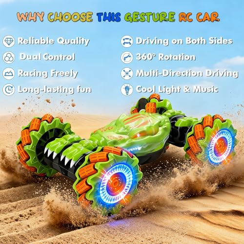 Gesture Sensing RC Stunt Car - Birthday for Boys, 6 7 8-12 13 14+ Year Old, 360 Rotating 4WD Twist Toys, Hand Controlled & Remote Control, with Light & Music