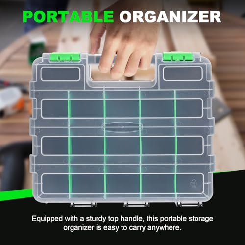 Tool Box with Transparent Lid, 2 Pack Hardware Organizer Box | Double Side 34 Compartments Hardware Organizers with Removable Plastic Dividers for Screws Nuts Nails, Small Parts Box - color: Green