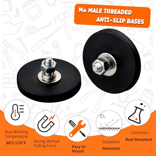 MUTUACTOR Neodymium Rubber Coated Magnet,4pack 20lbs Heavy Duty Magnets M6 Male Thread Stud,Dia.1.69" Anti-Scratch Mounting Magnets for Fixing Lights, Cameras, Vans and Other Devices - style: 20lbs M6 Male 4pcs with rubber coating