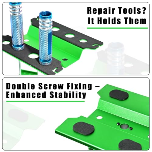 RC Car Work Stand Adjustable Height Lift Lower 360° Rotation Aluminum Repair Stand, Small Screw Tray Fit for 1/8 1/10 1/12 1/14 for Traxxa Axial Arrma RC Crawler Monster Truck Buggy (Green,LightBlue) - color: Green-light Blue