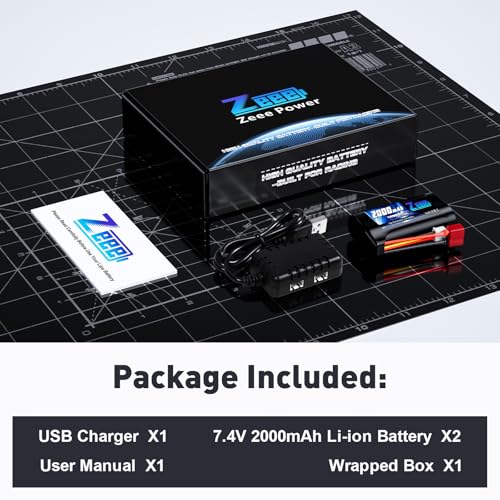 Zeee 2S Li-ion Battery 2000mAh 7.4V T Connector with 7.4V Battery Charger | Compatible with 1/10, 1/12, 1/16 Scale RC Cars 4WD High Speed RC Boat Trucks (2 Pack)