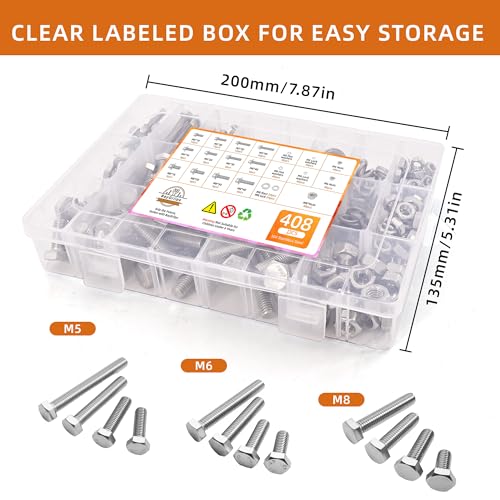 304 Stainless Steel (A2-70) Metric Bolt & Nut Assortment Kit - 408pcs M5/M6/M8 Hex Bolts, Nuts & Washers Set - Fully Threaded 18-8 Stainless Steel Hardware Kit - size: 408PCS Kit