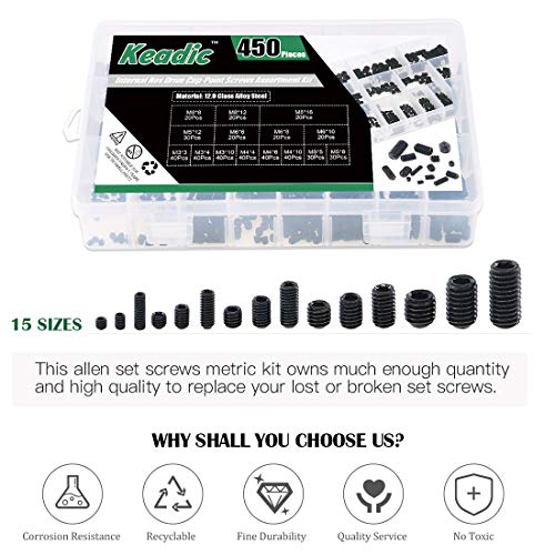 Keadic 450Pcs Internal Hex Drive Cup-Point Screw Assortment Kit - 15 Sizes Alloy Steel Hex Socket Set Cap Point Grub Screws, M3 M4 M5 M6 M8, Black - style: 450pcs Metric M3-M8 Cup Point Set Screw Kit