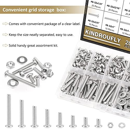 202 Pieces #8-32x 1/4", 5/16", 3/8", 1/2", 5/8", 3/4", 1", 1-1/4", Phillips Pan Head Machine Screws Nuts Washers Assortment Kit, 304 Stainless Steel, Fully Machine Thread - size: #8-32