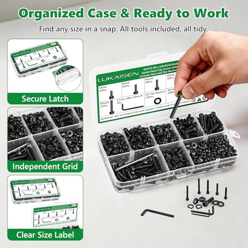 631PCS M3 Hex Socket Head Cap Screws, 12.9 Alloy Steel Bolts Kit | High-Tensile, M3 x 6/8/10/12/16/20mm, With Flat Washers & Allen Wrench, Black Zinc Plated For 3D Printing,RC,DIY - size: M3 631pcs 3