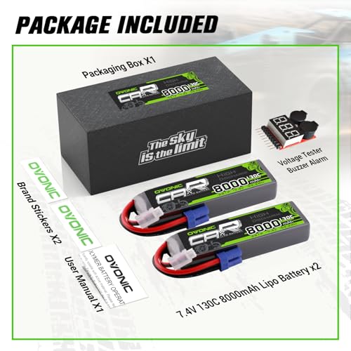 OVONIC 2S LiPo Battery 8000mAh 7.4V 130C RC Battery with EC5 Connector (2 Pack)(with Lipo Voltage Checker)