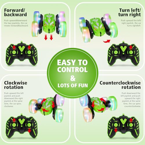 Amicool Remote Control Car for Boy 6-12 with Flashing Light, 6 7 8 9 Years Old Boy Toys, Race RC Cars Stunt Drift 4WD 2.4Ghz Double Sided 360° Flip, Boys Gift Idea for Kids Birthday Christmas, Green - color: Green
