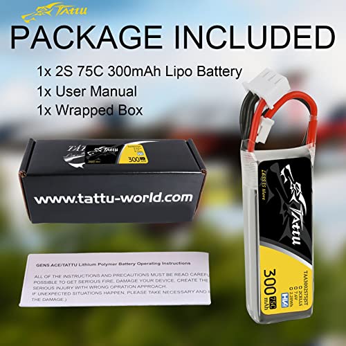 TATTU 2S Lipo Battery 300mAh 7.6V 75C 2S1P Lipo Battery Pack with JST-PHR Plug