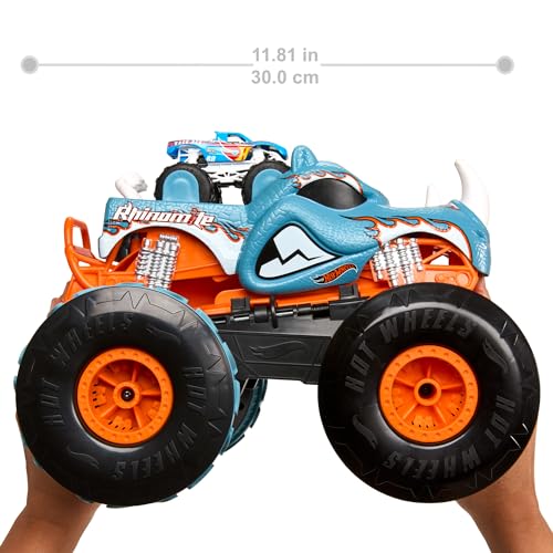 Hot Wheels Monster Trucks RC Toy, Remote-Control Transforming Rhinomite in 1:12 Scale & 1:64 Scale Race Ace, Converts into Launcher, Connects to Track - style: Rhinomite