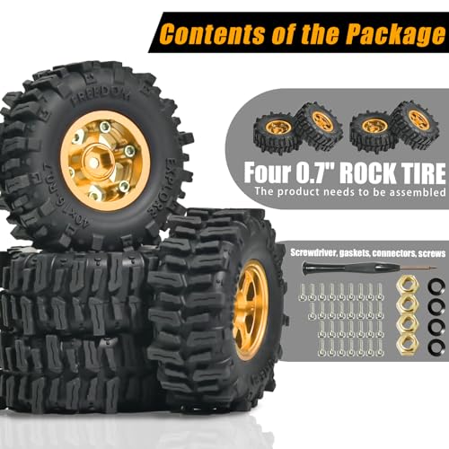 0.7” FS6 Super Soft Rubber Tires & CNC -1mm Offset Aluminum Beadlock Rims, 40×16mm Micro Crawler Wheels Tires Set for Axial SCX30 Redcat Ascent-32 1/30–1/32 RC Crawler, 4PCS Gold - color: Gold