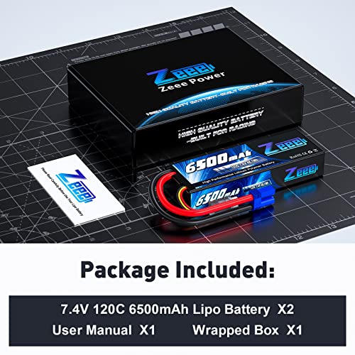Zeee 2S Lipo Battery 6500mAh 7.4V 120C with EC5 Connector (2 Pack) | Hard Case RC Car Battery for RC Vehicles RC Truck Tank Truggy Boat Racing Hobby Models
