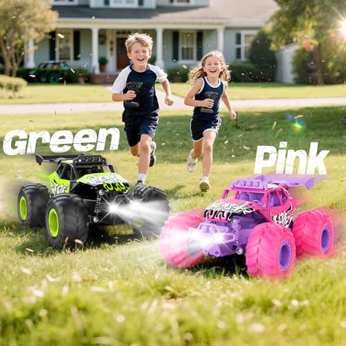 Remote Control Car, All Terrain RC Cars with Speed Switch RC Truck with LED Headlight and Rechargeable Batteries, 20KM/H Monster Truck Toys Gift for Boys 6-8 8-12, Green - color: Green