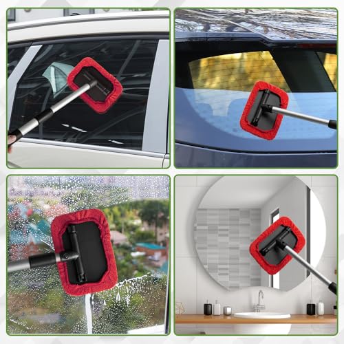Windshield Cleaning Tool, Car Cleaning Window Tool, Car Window Cleaner with Unbreakable Extendable Handle and Microfiber Cloth, Scratch-Free Car Cleaning Brush for Auto Glass Wiper (Red) - color: Red